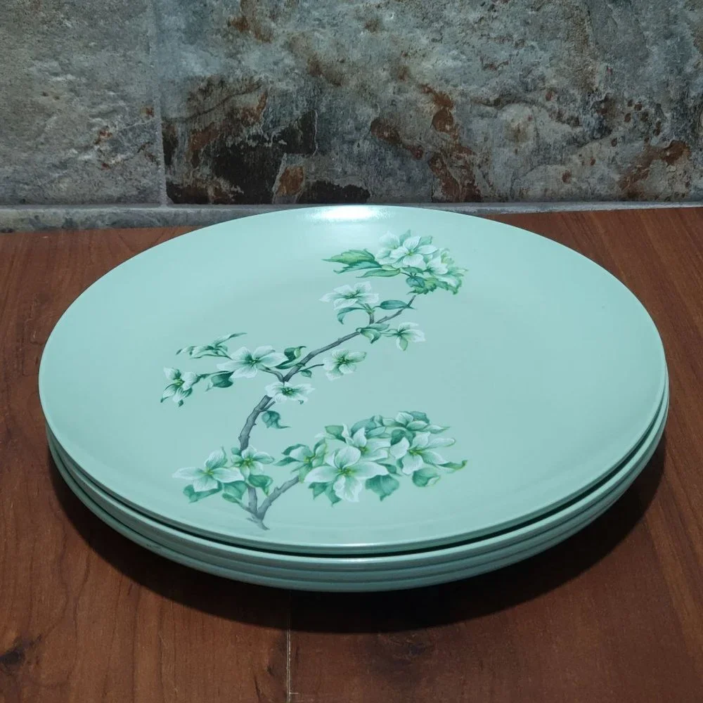 VTG Somerset Made in Boonton 6103 Green Plate Dogwood Flowers on a Branch Set o